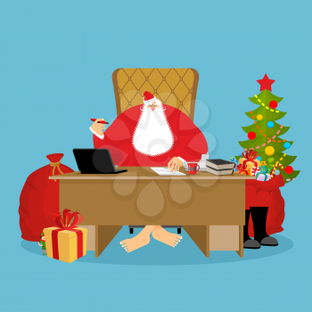 Santa Claus Office. Christmas work. Desk and chair boss. Grandpa director of new year. Santas Magic Residence at North Pole. Workplace and red gift bag. fir-tree. Workplace and red sack