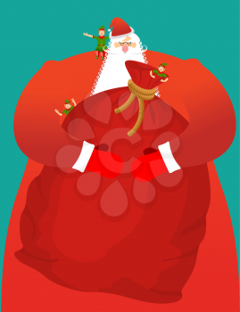 Santa with big bag of gifts. Red sack with toys and sweets. Christmas elf helpers. Character for new year. Postcard and poster for winter holiday. Fairy old man with large white beard and little assis