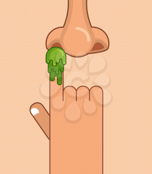 Booger on finger. Pick your nose snivel. Hand and snot. Green slime lump
