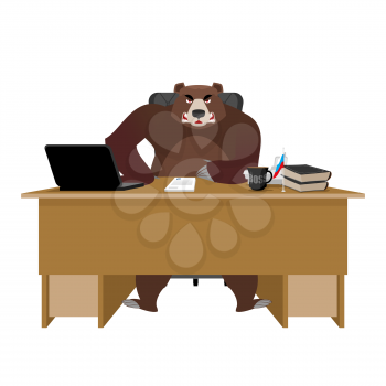 Bear sitting in an office. Russian boss at table. Businessman from Russia at desk. National folk chief. Beast  leader. Workplace supervisor. Director desktop. Laptop and phone. Cup of coffee and Chair