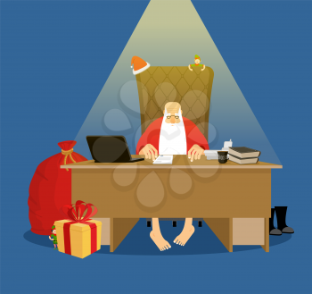 Santa office. Working residence in Lapland. Christmas big boss in Work. Jobs and armchair chief. Elf helper in green suit. Large red sack of gifts for children. New Year festive decorated Christmas tr
