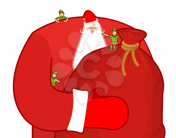 Santa Claus with big sack of gifts. Christmas elf helpers. Red bag with toys and sweets. Character for new year. Postcard and poster for winter holiday. Fairy old man with large white beard and little