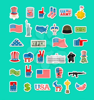 USA icon. National sign of America. American flag and Statue of Liberty. White House and  dollar. Map of United States. Uncle Sam and moon. Elephant and donkey. Eagle and baribal bearl. traditional Pa