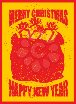Merry Christmas bag with gifts. Big red sack of Santa Claus in grunge style. Spray and scratches. Noise and brush strokes. Printing for the New Year
