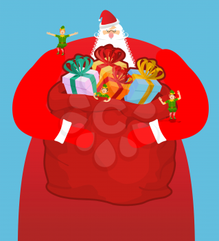 Santa with big bag of gifts. Red sack with toys and sweets. Christmas elf helpers. Character for new year. Postcard and poster for winter holiday. Fairy old man with large white beard and little assis