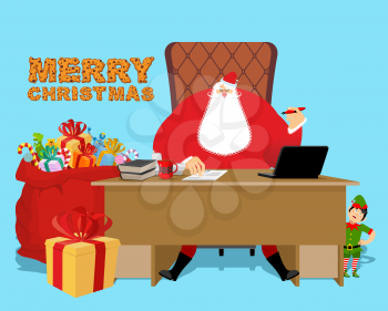 Santa Claus Office. Christmas work. Desk and chair boss. Grandpa director of new year. Cheerful elf. Santas Magic Residence at North Pole. Workplace and red gift bag.  fir-tree. Workplace and red sack
