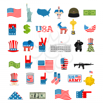 American icon set. National sign of America. USA flag and Statue of Liberty. White House and dollar. Map of United States. Uncle Sam and moon. Elephant and donkey. Eagle and baribal bearl. traditional