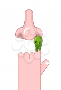 Snivel on finger. Pick your nose booger. Hand and snot. Green slime 
