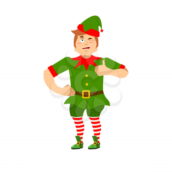 Good Christmas elf winks and thumbs up. Sign all is well. Cute joyful helper of Santa Claus. Happy little man in green suit. XMAS character for new year
