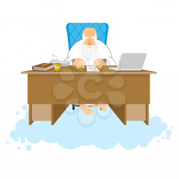 God job. Almighty of work place in heaven. Boss of paradise. Grandfather with beard at working. Holy of desktop. Laptop and phone. Cup of coffee and Bible. table in cloud