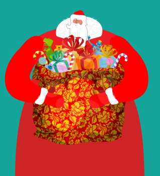 Santa from Russia -  father frost (Ded Moroz). Large sack of gifts for children. sackful Khokhloma painting. Christmas National folk Russian grandfather in red suit. Illustration for new year. Big bag