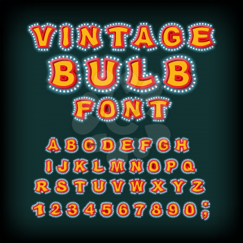 Vintage bulb font. Glowing letters. Retro Alphabet with lamps. Glittering lights pointer lettering
