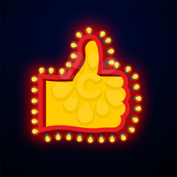 Like sign with glowing lights. Thumb up symbol of retro plate Hand with light bulb. Vintage direction pointer. Glittering lights gesture of approval
