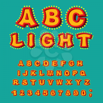 Light ABC. Retro Alphabet with lamps. Glowing letters. font pointer with shine bulb. Vintage Glittering lights lettering