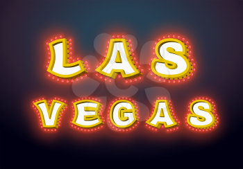 Las Vegas sign with glowing lights. Retro label with light bulb. Vintage direction pointer. Glittering lights
