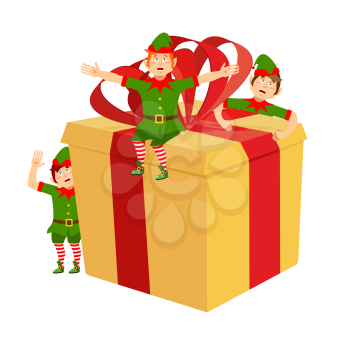 Gift box and Christmas elves. Elf helper Santa Claus. Preparation for holiday. New year Illustration