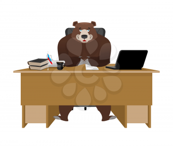 Businessman from Russia. Bear sitting in an office. Russian big boss at table. National folk chief. Beast leader. Workplace supervisor. Director desktop. Laptop and phone. Cup of coffee and Chair