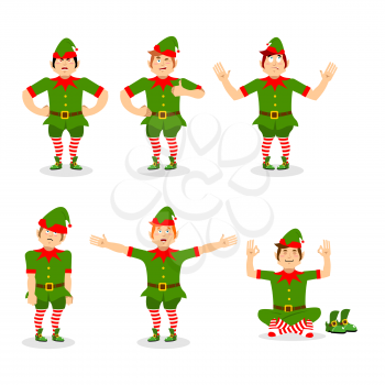 Christmas elf set of poses. Various movements assistant of Santa Claus. Surprised and sleep little man in green suit. XMAS yoga. Aggressive and good character for new year
