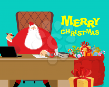 Merry Christmas. Santa Claus at work. Big red bag with gifts for children. Desk and chair boss. New Year director. phone and documents. Large sack of Toys and sweets. Workplace Chief. Magic office Nor
