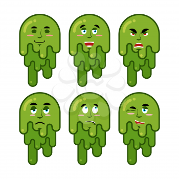Booger emotions set. Cheerful and sad snot. Evil and good of snivel. Green slime lump
