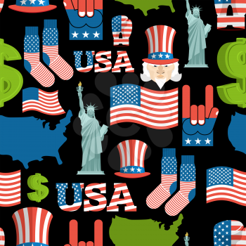 America symbols patriotic pattern. USA national ornament. State traditional background. Map of country and United States flag. Statue of Liberty and Uncle Sam. Dollar and  star.