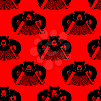 Bear with accordion seamless pattern. Wild beast and musical instrument. Russian bear and harmony. Russian National animal texture.  