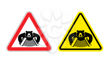 Warning sign drunk Russian tourist attention. Dangers yellow sign people from Russia. Bear with accordion on red triangle. Set of road signs against an aggressive tourer. Attention angry bully 