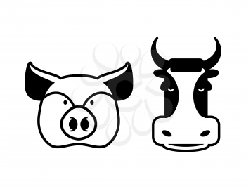 Pig and cow icons. Head farm animal stencil. Pork and beef sign Flat  