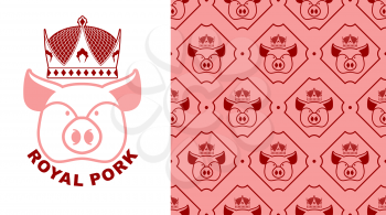 Royal Pork logo. Pig in crown. Logo for production of meat. Excellent quality and taste of food. Meal for emperor. Royal bacon patern. Farm animal texture
