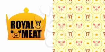 Royal meat. Excellent tasty beef and pork. Logo for farming and meat production. Pigs and cows and muzzle crown pattern. texture animals