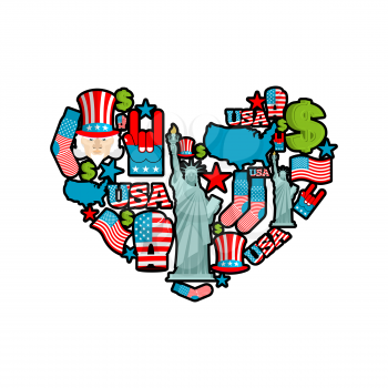 USA love. Sign heart of United States traditional folk characters. Map and flag of America. Statue of Liberty and Uncle Sam. dollar and star. National patriotic American emblem.