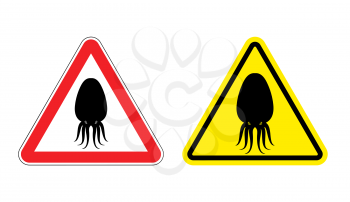 Warning sign of attention squid. Dangers yellow sign octopus. Underwater Clam on red triangle. Set of road signs against animal with tentacles. Attention  calamary
