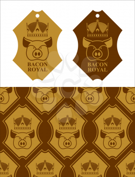 Royal Bacon emblem. Pig in crown. Logo for farming and meat production. Excellent quality and taste of  food. Pork for emperor.
