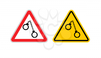 Warning sign arrest attention. Dangers yellow sign detention. Handcuffs on red triangle. Set road sign against a cop. caution police