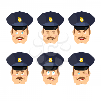 Emotions policeman icon. Set expressions avatar cop. Good and evil. Discouraged and cheerful. Face constable police