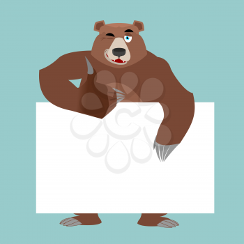 Bear and empty banner. Wild animal and blank. Beast and clean white sheet.