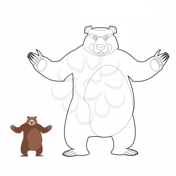 Bear coloring book. Grizzlies in linear style. Good happy wild beast. Forest animal with brown fur. Big strong predator