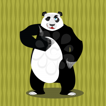 Panda thumb up and winks. Chinese bear all good. Signs all right. Hand showing ok. Gesture of hand. Good happy wild animal and background of bamboo. forest beast