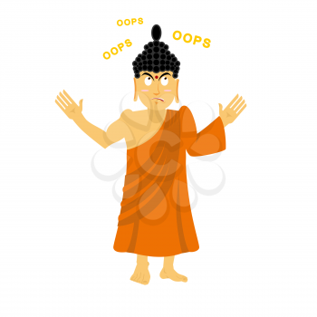 Surprised Buddha says oops. Perplexed Indian god. Supreme teacher for Buddhists. Holy man in orange robes
