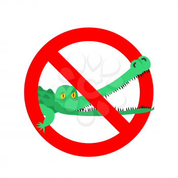 Stop crocodile. Prohibited alligator. Strikethrough caiman. Emblem against predator reptile. Red prohibition sign. Ban wild aggressive amphibian
