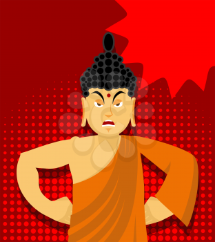 Angry Buddha in pop art style. Indian god wrathful. Supreme teacher for Buddhists. Holy man in orange robes