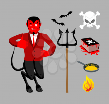 Devil and accessories. Satanic set. Trident and hellfire. Black bats. Frying pan for sinners. Necronomicon magic Book of Dead. Red Demon. Prince of darkness and underworld. Lucifer Boss. Religious and