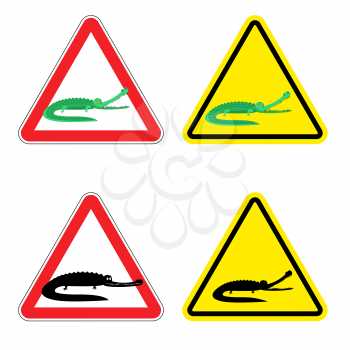 Warning sign of attention crocodile. Dangers yellow sign aggressive alligator. Cayman on red triangle. Set of road signs against wild amphibian. Attention predator reptile

