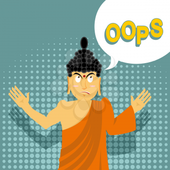 Surprised Buddha says oops. Perplexed Indian god. Style of pop art. Supreme teacher for Buddhists. Holy man in orange robes