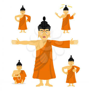 Buddha set of movements. Indian god set of poses. Holy man expression of emotion. High teacher for Buddhists. Holy man in orange robes
