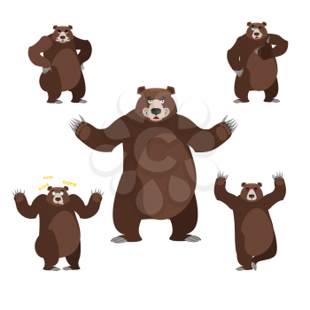 Bear set on white background. Grizzly various poses. Expression of emotions. Wild animal yoga. Evil and good. Sad and happy animal. Big strong predator thumbs up