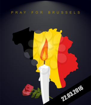 Pray for Brussels. Map Of Belgium. Flag Of Belgium. Mourning in Belgium. Terrorist attack in Belgium. Black mourning Ribbon. Explosion in Brussels March 22, 2016. White candle and flowers
