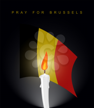 Pray for Brussels. Flag of Belgium. Mourning figure. Aattack in Belgium. Explosion in Brussels. White candle on black mourning background. Mourning Ribbon
