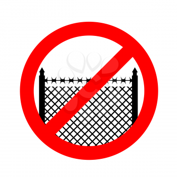 Stop border. Prohibited fences with barbed wire.. Red prohibition sign. Cross out perimeter fence
