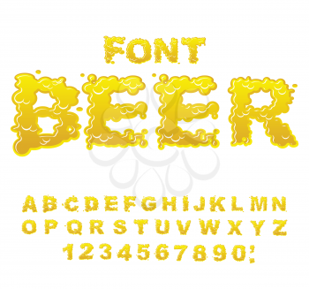 Beer font. Yellow liquid ABC. Flowable typography. Alcoholic alphabet. drink letters
